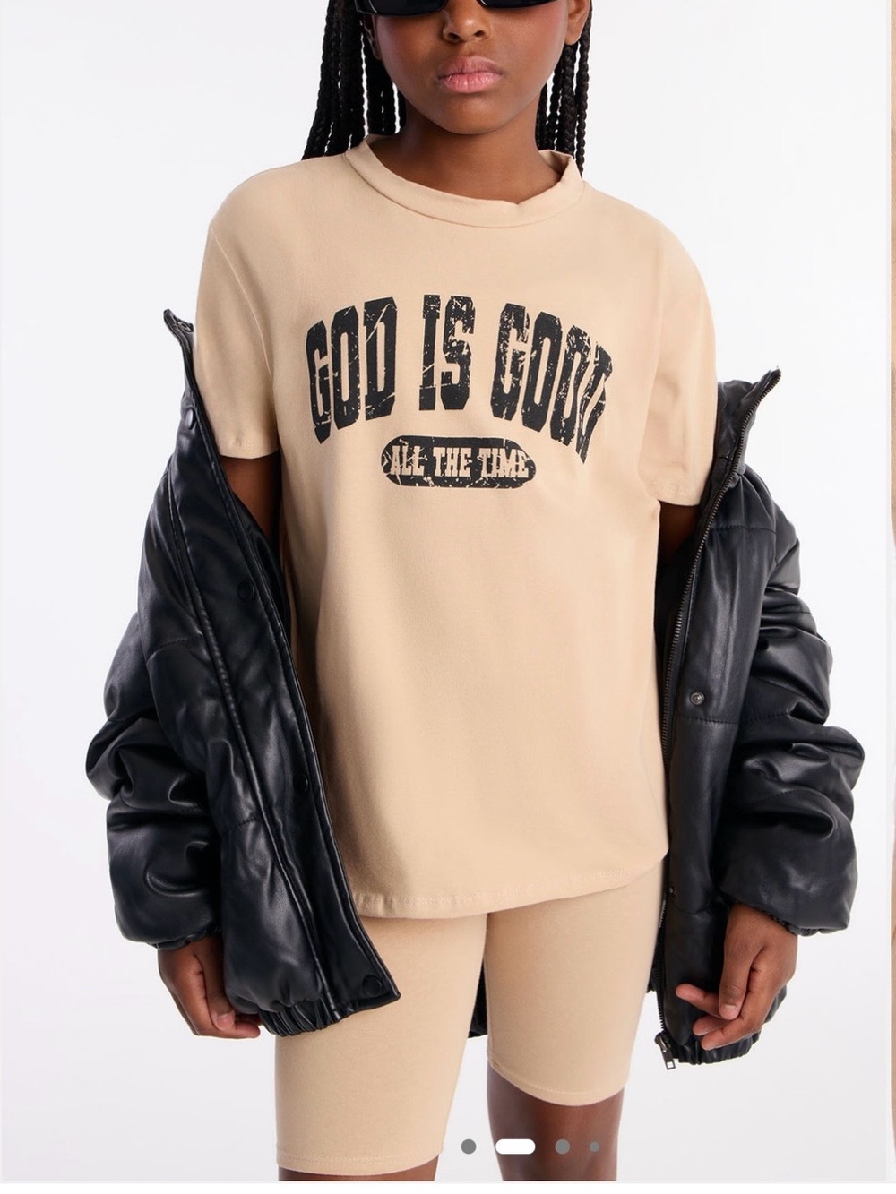NWT FASHION NOVA Mini God Is Good Biker Short Set - Taupe. Size 14/16 years